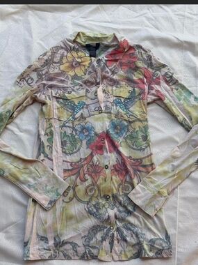 Y2K Multicolor Floral & Bird Print Snap Front Shirt